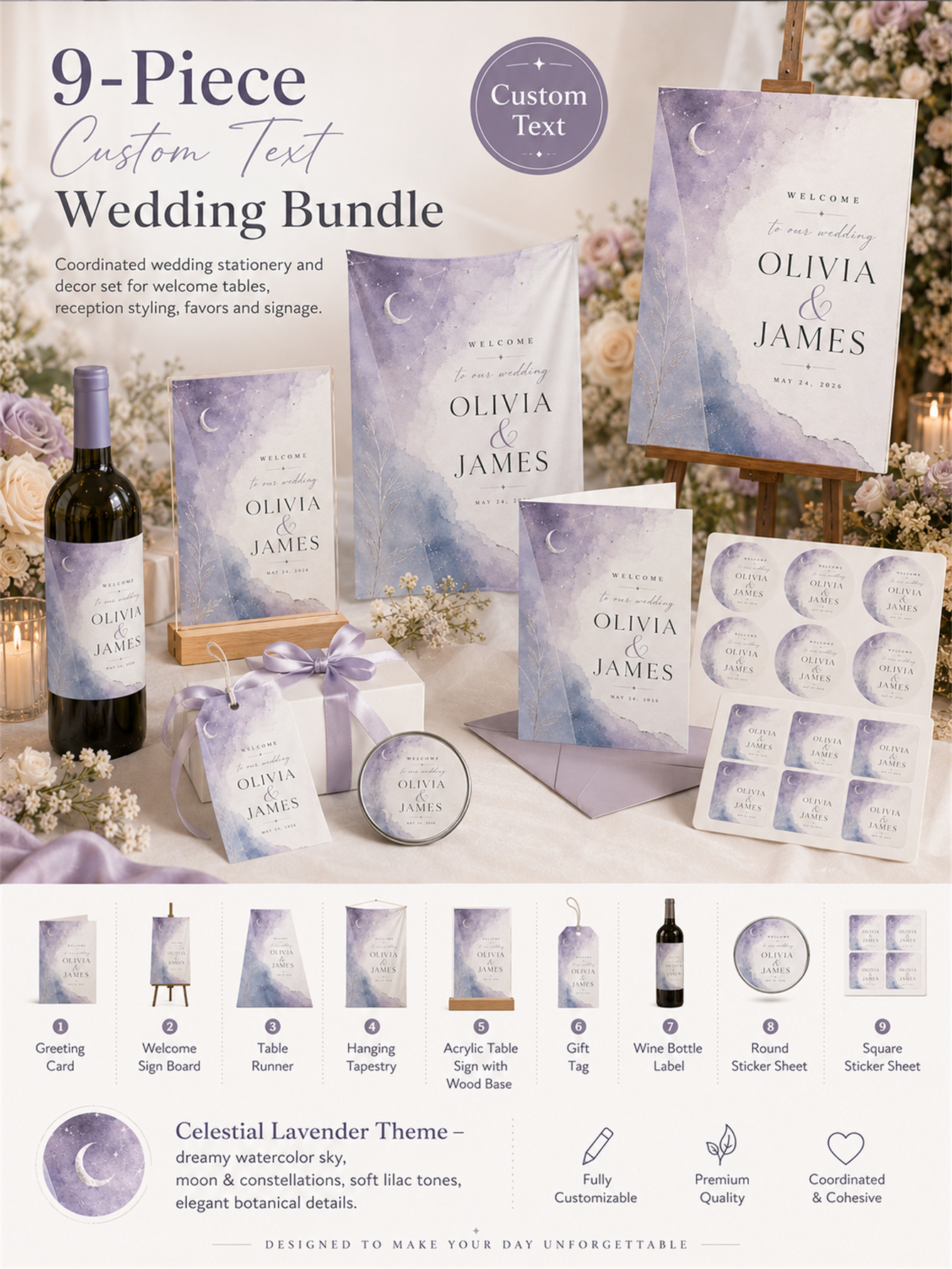 Customized celestial lavender wedding decorations - moon, stars and watercolor designs for a luxurious wedding - customized names and dates